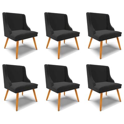 Kit 6 Cadeiras Decorativas Sala de Jantar Pés Palito de Madeira Firenze Veludo Preto/Natural G19 - Gran Belo