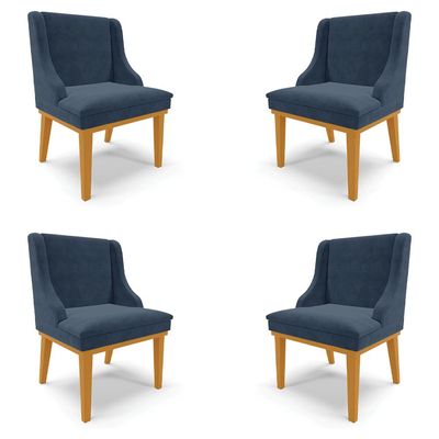 Kit 4 Cadeiras Decorativas Sala de Jantar Base Fixa de Madeira Firenze Suede Azul Marinho/Castanho G19 - Gran Belo