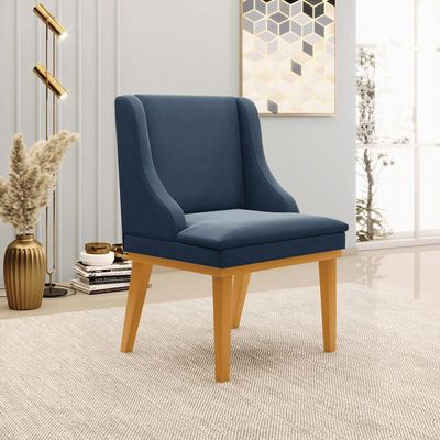 Kit 4 Cadeiras Decorativas Sala de Jantar Base Fixa de Madeira Firenze Suede Azul Marinho/Castanho G19 - Gran Belo