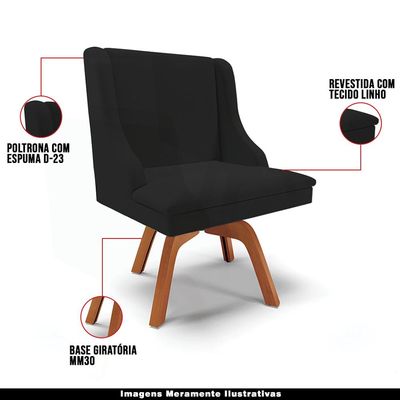 Kit 2 Cadeiras Decorativas Sala de Jantar Base Giratória de Madeira Firenze Linho Preto/Natural G19 - Gran Belo