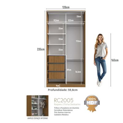 Guarda Roupa Solteiro Freijó Natural Espelho 2 Portas de Correr 120x59,8x235cm RC2005 Emovell