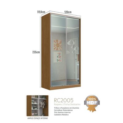 Guarda Roupa Solteiro Freijó Natural Espelho 2 Portas de Correr 120x59,8x235cm RC2005 Emovell