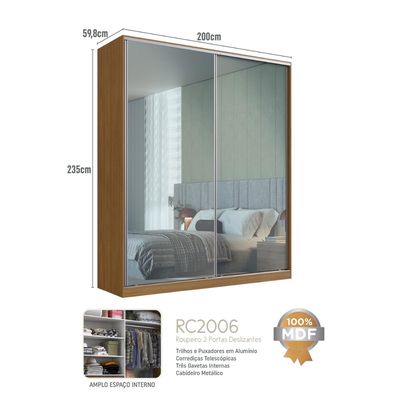Guarda Roupa Solteiro Espelho em 2 Portas de Correr Freijó Natural RC2006 Emovell 200x59,8x235cm