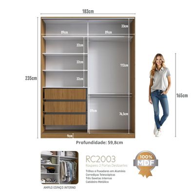 Guarda Roupa Solteiro 183x59,8x235cm 2 Portas 3 Gavetas Freijó Natural Branco RC 2003 Emovell