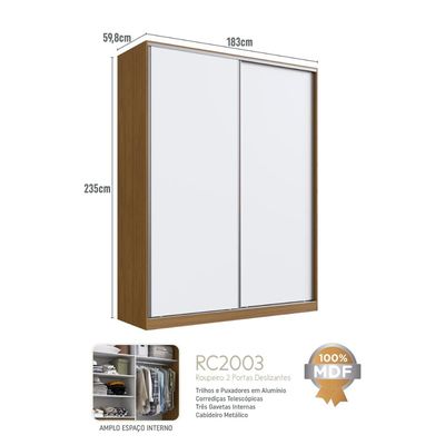 Guarda Roupa Solteiro 183x59,8x235cm 2 Portas 3 Gavetas Freijó Natural Branco RC 2003 Emovell
