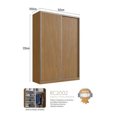 Guarda Roupa Solteiro 2 Portas 165x59,8x235cm Freijó Natural RC2002 Emovell