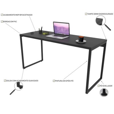 Kit Mesa Para Escritório com Estante 4 Prateleiras Industrial Form 150 cm Preto Onix - Lyam Decor