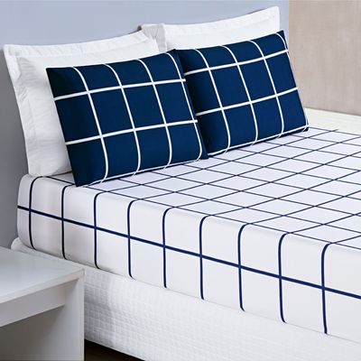 Jogo Cama Lençol Brooklyn King Quadriculado Micropercal 200 Fios 3 Peças - Azul Marinho