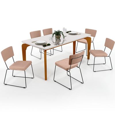 Mesa De Jantar Capri 160cm Off White Nature Com 6 Cadeiras Allana B05 Linho Rosê - Lyam Decor