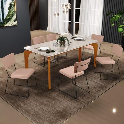 Mesa De Jantar Capri 160cm Off White Nature Com 6 Cadeiras Allana B05 Linho Rosê - Lyam Decor