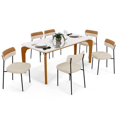Mesa Jantar Capri 160cm Off White 6 Cadeiras Melina B05 Linho Bege Couríssimo Caramelo - Lyam Decor
