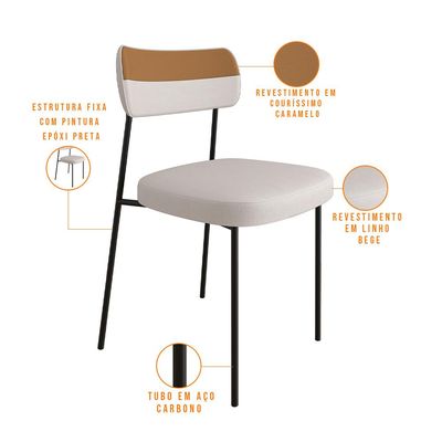 Mesa Jantar Capri 160cm Off White 6 Cadeiras Melina B05 Linho Bege Couríssimo Caramelo - Lyam Decor