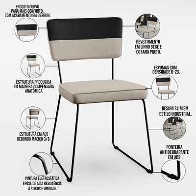 Mesa Capri 160 Off White Nature Com 6 Cadeiras Allana B05 Faixa Corano Preto Linho Bege - Lyam Decor
