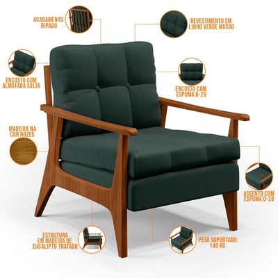 Poltrona Decorativa Para Sala de Estar Encosto Ripado Emília B04 Linho Verde Musgo - Lyam Decor