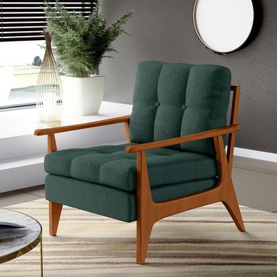 Poltrona Decorativa Para Sala de Estar Encosto Ripado Emília B04 Linho Verde Musgo - Lyam Decor