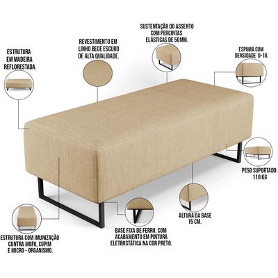 Kit 02 Puffs Decorativo Sala de Estar Bali W01 Base Ferro 120x50 cm Linho Bege Escuro - Lyam Decor