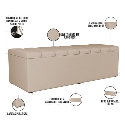 Kit Cabeceira Cama Box Casal 140cm Com Calçadeira Recamier Baú Dália W01 Suede Bege - Lyam Decor