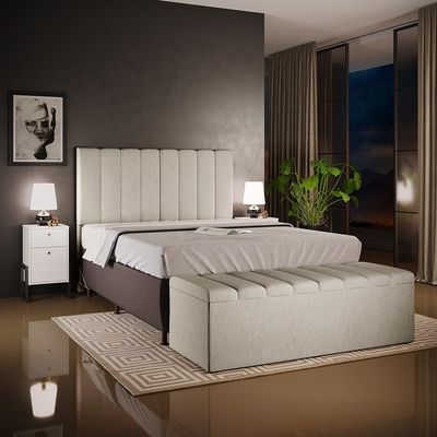 Kit Cabeceira Cama Box Casal 140cm e Calçadeira Recamier Baú Dália W01 Linho Bege - Lyam Decor
