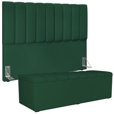 Kit Cabeceira Cama Box Casal Queen 160cm Calçadeira Baú Dália W01 Suede Verde Musgo - Lyam Decor