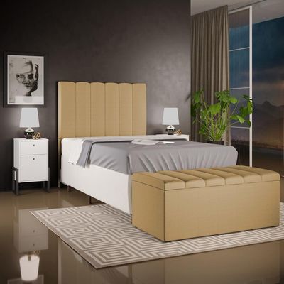 Kit Cabeceira Cama Box Solteiro 100cm Com Calçadeira Baú Dália W01 Linho Bege Escuro - Lyam Decor
