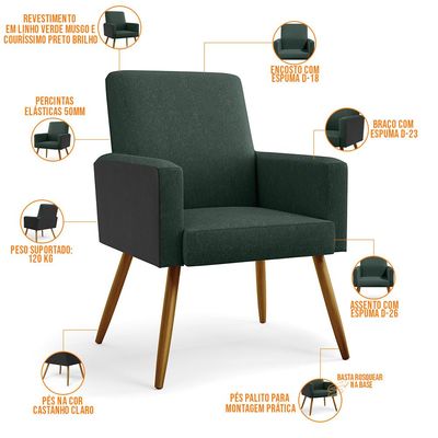 Poltrona Decorativa Maria W01 Pés Palito Linho Verde Musgo Couríssimo Preto - Lyam Decor