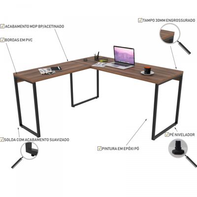 Kit 2 Mesas Para Escritório Home Office Estilo Industrial em L Form C01 150x150cm Nogal - Lyam Decor