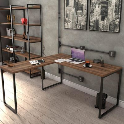 Kit 2 Mesas Para Escritório Home Office Estilo Industrial em L Form C01 150x150cm Nogal - Lyam Decor