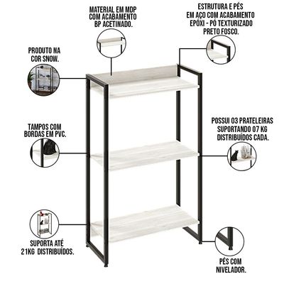 Kit Escritório Estante Areta 3 Prateleiras com Mesa Industrial Aspen 120cm C01 Snow - Lyam Decor
