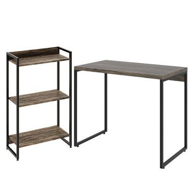 Kit Escritório Estante Areta 3 Prateleiras Mesa Industrial Aspen 90cm C01 Carvalho Dark - Lyam Decor