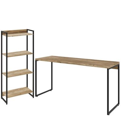 Kit Escritório Estante Areta 4 Prateleiras Mesa Industrial Aspen 150cm C01 Carvalho - Lyam Decor