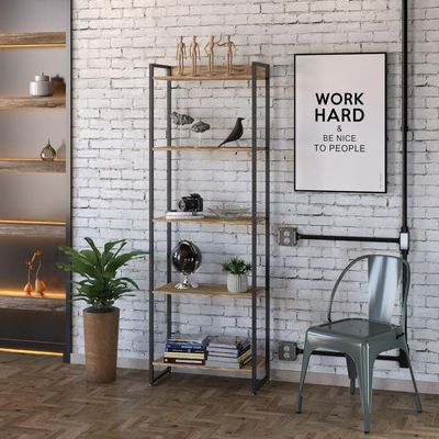 Kit Escritório Estante Areta 5 Prateleiras Mesa Industrial Aspen 135cm C01 Carvalho - Lyam Decor