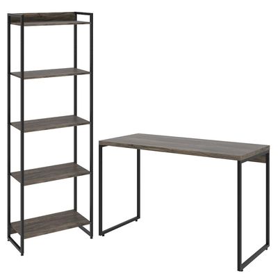 Kit Estante Areta 5 Prateleiras com Mesa Industrial Aspen 120cm C01 Carvalho Dark - Lyam Decor