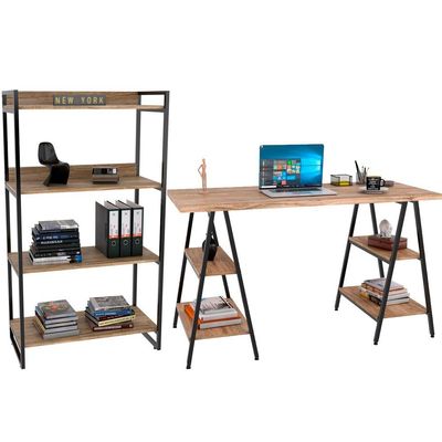 Kit Mesa Cavalete 150 cm com Estante 4 Prateleiras Estilo Industrial Form C01 Carvalho - Lyam Decor