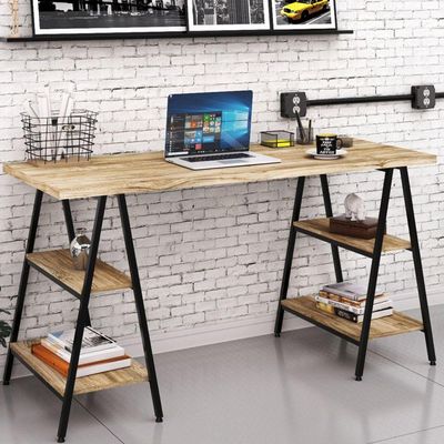 Kit Mesa Cavalete 150 cm com Estante 4 Prateleiras Estilo Industrial Form C01 Carvalho - Lyam Decor
