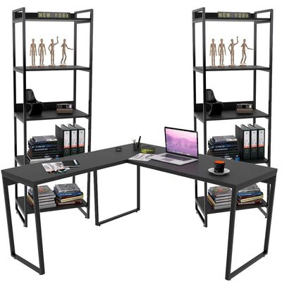 Kit Mesa Para Escritório Industrial em L com 2 Estantes com 5 Prateleiras Form Preto - Lyam Decor