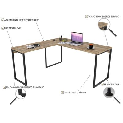 Mesa Para Escritório Home Office Estilo Industrial em L Form C01 150x150cm Carvalho - Lyam Decor
