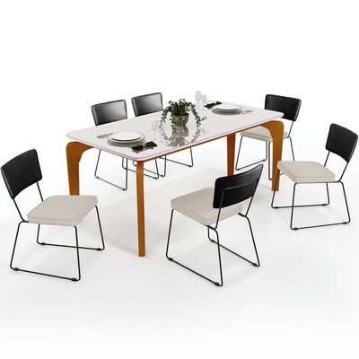 Mesa Capri 160cm Off White Com 6 Cadeiras Allana B05 Couríssimo Preto Linho Champagne - Lyam Decor