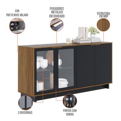 Aparador Buffet Para Sala de Jantar 04 Portas Áustria C04 Preto Noce Milano - Lyam Decor