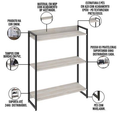 Estante Multiuso Para Escritório Industrial 03 Prateleiras Areta 104x80cm C01 Snow - Lyam Decor