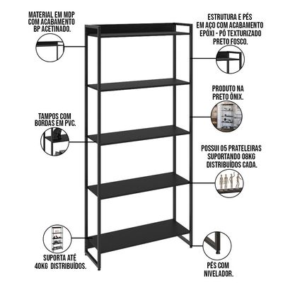 Kit 3 Estantes Multiuso Escritório Industrial 5 Prateleiras Areta 186x80cm C01 Onix - Lyam Decor