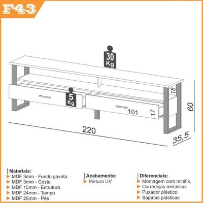 Rack Para Sala De Estar 02 Gavetas 01 Prateleira Olivy D03 220 Cm Freijó Preto Fosco - Lyam Decor