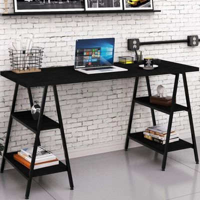 Kit Mesa Cavalete 150cm com Estante 4 Prateleiras Estilo Industrial Form C01 Preto Onix - Lyam Decor