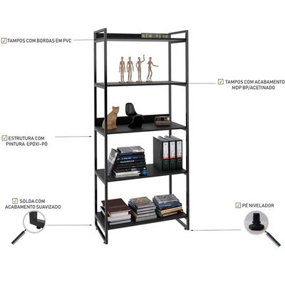 Kit Mesa Cavalete 150 cm com Estante 5 Prateleiras Estilo Industrial Form C01 Preto Onix - Lyam Decor