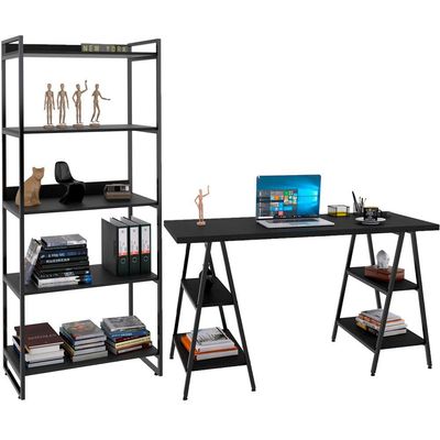 Kit Mesa Cavalete 150 cm com Estante 5 Prateleiras Estilo Industrial Form C01 Preto Onix - Lyam Decor