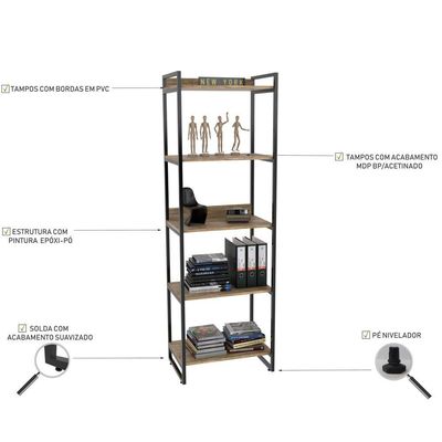 Kit 03 Estantes com 5 Prateleiras Escritório Estilo Industrial Form C01 187x60 cm Carvalho - Lyam Decor
