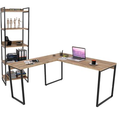 Kit Mesa De Escritório Industrial em L com Estante 5 Prateleiras Form C01 150x150 Carvalho - Lyam Decor