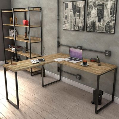 Kit Mesa Para Escritório Industrial em L com 2 Estantes com 5 Prateleiras Form C01 Carvalho - Lyam Decor