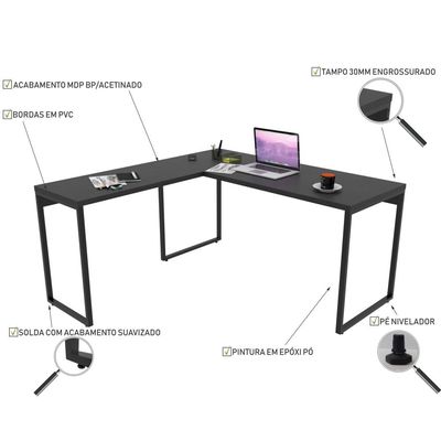 Kit Mesa Escritório Industrial em L com Estante 5 Prateleiras Form C01 150x150 Preto Onix - Lyam Decor
