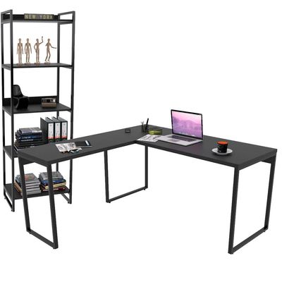 Kit Mesa Escritório Industrial em L com Estante 5 Prateleiras Form C01 150x150 Preto Onix - Lyam Decor