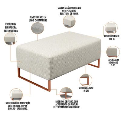 Puff Decorativo Sala De Estar Cléo 90cm Base De Ferro Cobre W01 Linho Champagne - Lyam Decor
